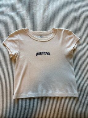 Brandy Melville Cream Tee with Navy 'GEORGETOWN' Embroidery